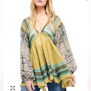 Free People Aliyah Yellow and Blue Bohemian Tunic Top